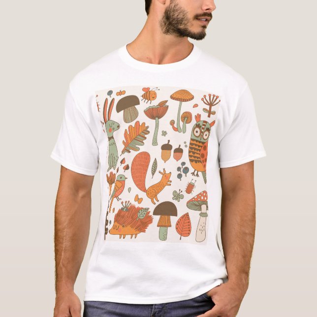 Forest Animals: Autumn Colourful Background. T-Shirt (Front)