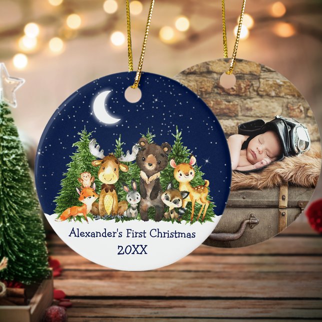 Forest Animals Baby First Christmas Blue - PHOTO Ceramic Ornament (Customize with name, year and photo on back.)
