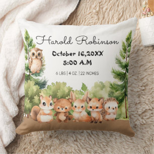 Forest Animals Birth Stats Announcement Throw Pillow