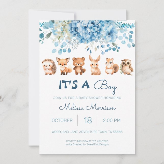 Forest Animals Blue Baby Boy Shower Invitation (Front)
