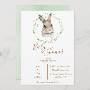 Forest Animals Bunny Rabbit Script Watercolor Baby Invitation