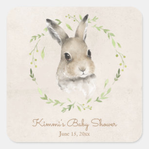 Forest Animals Bunny Rabbit Watercolor Baby Shower Square Sticker