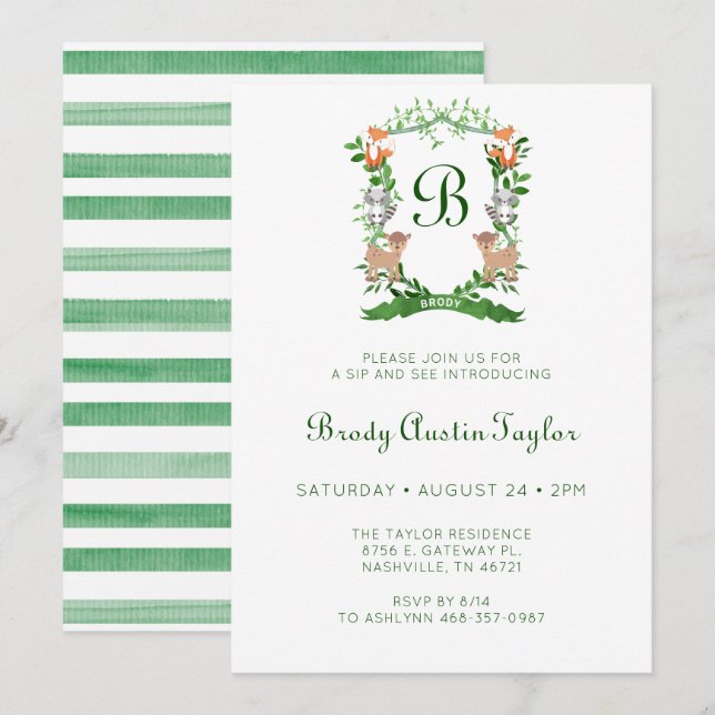 Forest Animals Crest Boy Sip And See Invitation (Front/Back)