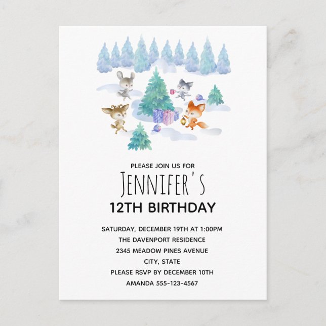 Forest Animals Dancing Around a Fir Tree Invitation Postcard (Front)