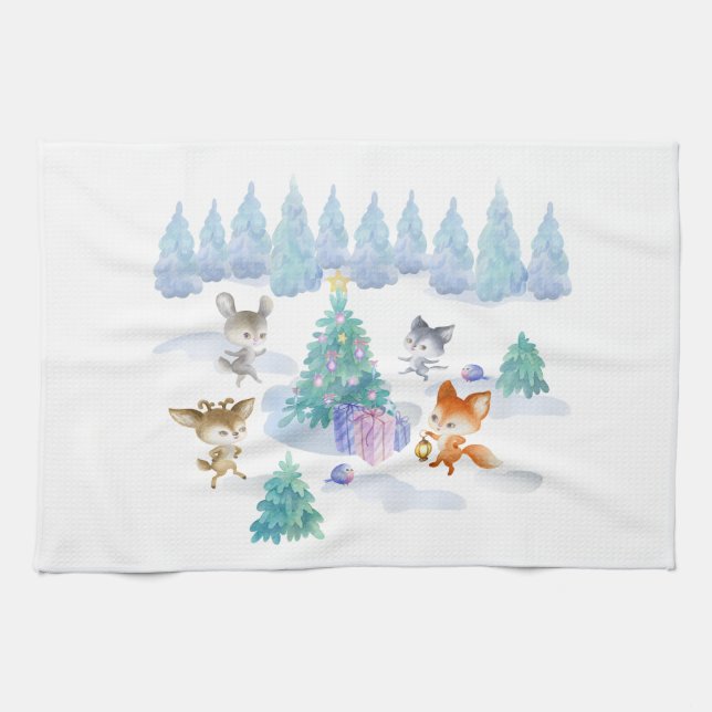 Forest Animals Dancing Around Christmas Tree Kitchen Towel (Horizontal)