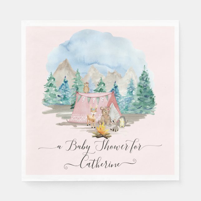 Forest Animals Deer Bear Rustic Pink Baby Shower Napkin (Front)