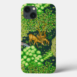 FOREST ANIMALS, DEERS BY A BROOK Blue Green Floral iPhone 13 Case