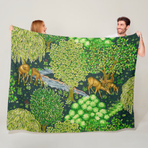 FOREST ANIMALS, DEERS BY A BROOK Blue Green Floral Fleece Blanket