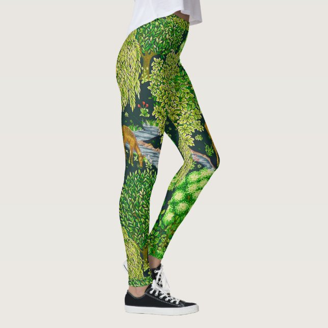FOREST ANIMALS, DEERS BY A BROOK Green Floral Leggings (Right)