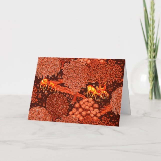 FOREST ANIMALS, DEERS BY A BROOK Red Yellow Floral Holiday Card (Front)