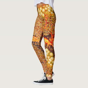 FOREST ANIMALS,DEERS BY A BROOK Red Yellow Floral  Leggings
