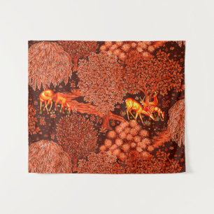 FOREST ANIMALS, DEERS BY A BROOK Red Yellow Floral Tapestry