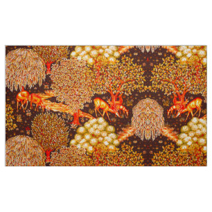 FOREST ANIMALS, DEERS BY A BROOK Yellow Red Floral Fabric