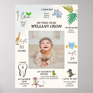 Forest Animals First Year First Birthday Milestone Poster