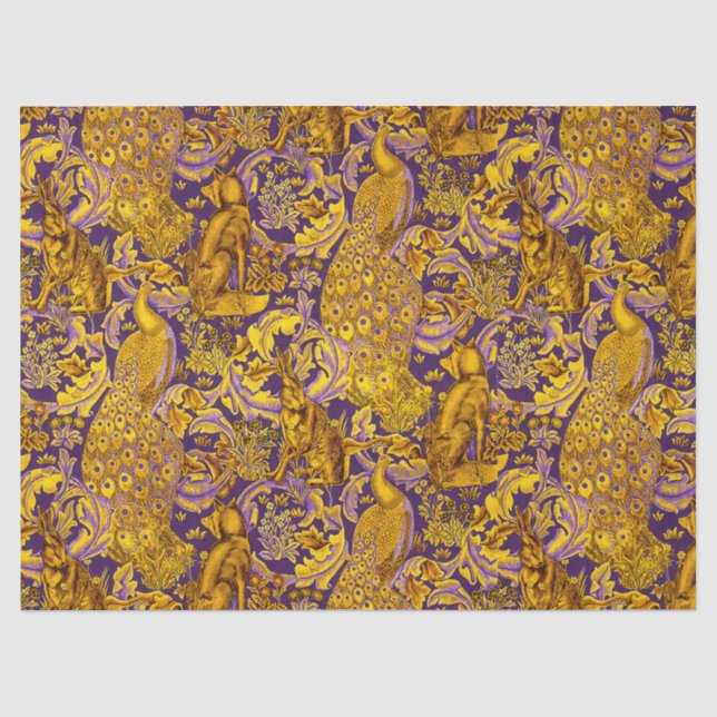 FOREST ANIMALS,FOX,PEACOCK,HARE GOLD PURPLE Floral Tissue Paper (Front)