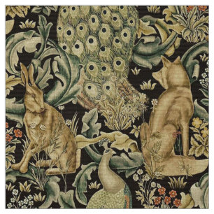 FOREST ANIMALS ,FOX, PEACOCK, HARE IN GREEN FLORAL FABRIC