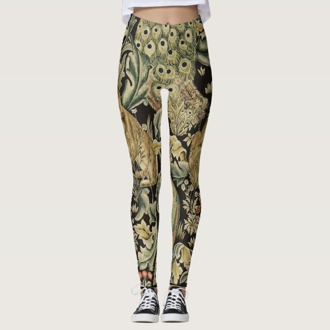 FOREST ANIMALS ,FOX, PEACOCK, HARE IN GREEN FLORAL LEGGINGS (Front)