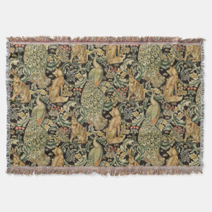 FOREST ANIMALS ,FOX, PEACOCK, HARE IN GREEN FLORAL THROW BLANKET