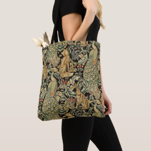 FOREST ANIMALS ,FOX, PEACOCK, HARE IN GREEN FLORAL TOTE BAG