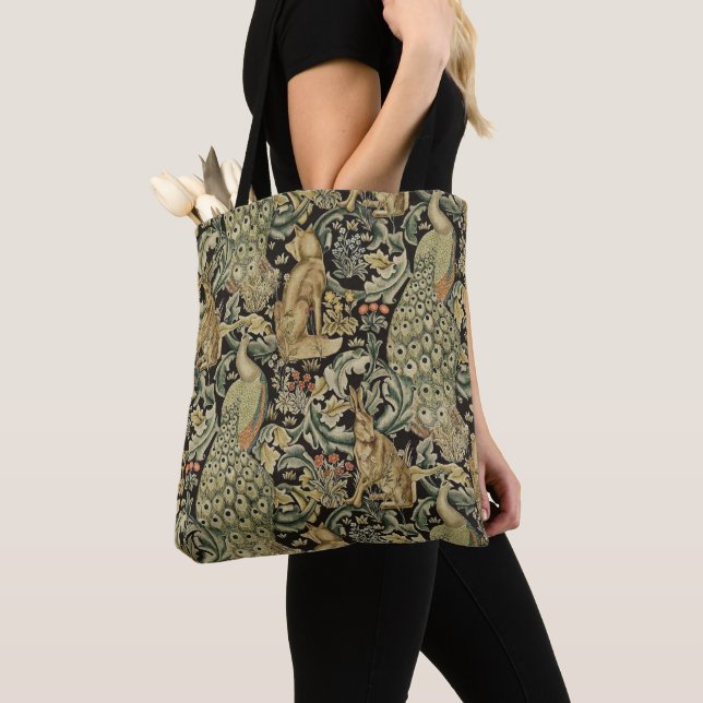 FOREST ANIMALS ,FOX, PEACOCK, HARE IN GREEN FLORAL TOTE BAG (Close Up)