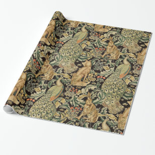 FOREST ANIMALS ,FOX, PEACOCK, HARE IN GREEN FLORAL WRAPPING PAPER