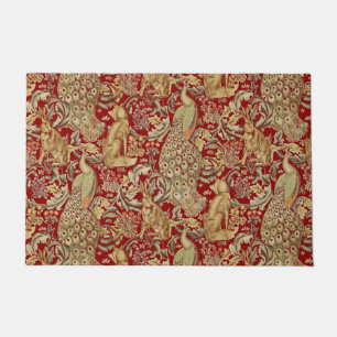 FOREST ANIMALS ,FOX, PEACOCK, HARE IN RED FLORAL DOORMAT