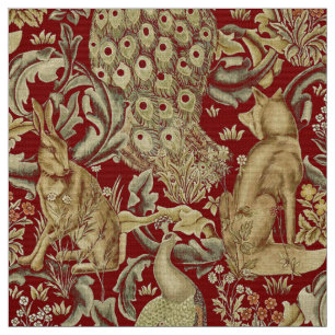 FOREST ANIMALS ,FOX, PEACOCK, HARE IN RED FLORAL FABRIC