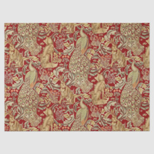 FOREST ANIMALS ,FOX, PEACOCK, HARE IN RED FLORAL  TISSUE PAPER