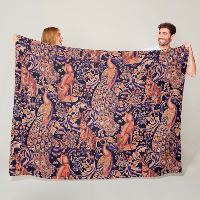 FOREST ANIMALS,FOX,PEACOCK, HARE PINK BLUE FLORAL  FLEECE BLANKET (In Situ)