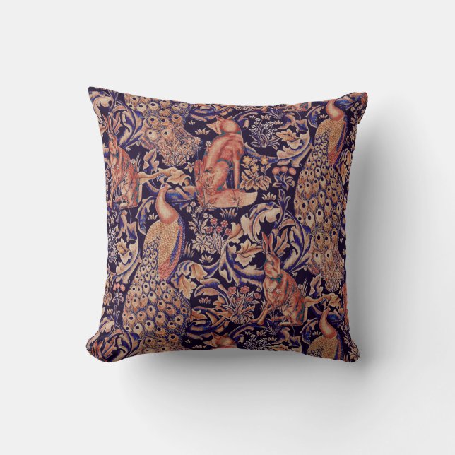 FOREST ANIMALS ,FOX,PEACOCK, HARE PINK BLUE FLORAL THROW PILLOW (Front)