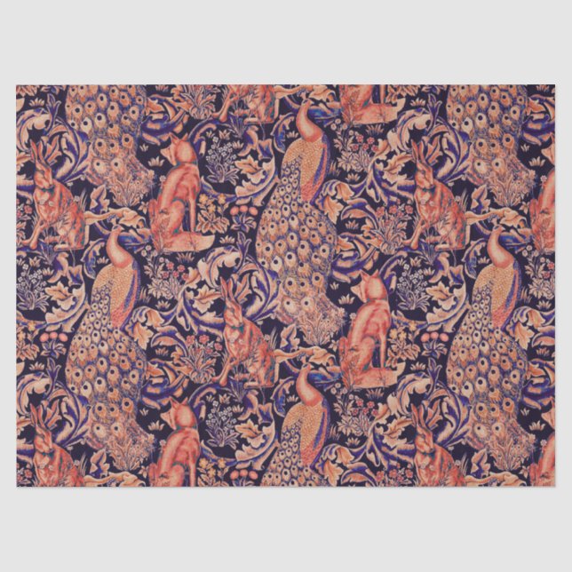 FOREST ANIMALS ,FOX, PEACOCK,HARE,PINK BLUE FLORAL TISSUE PAPER (Front)