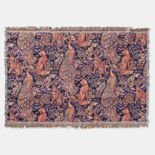FOREST ANIMALS ,FOX, PEACOCK, HARE PINK BLUE THROW BLANKET