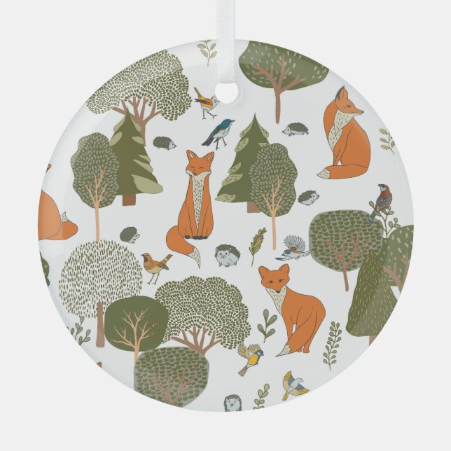 Forest animals: foxes, birds pattern glass ornament (Front)