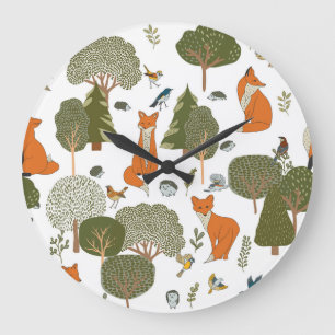 Forest animals: foxes, birds pattern large clock