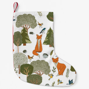Forest animals: foxes, birds pattern small christmas stocking