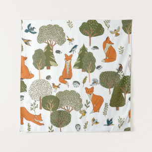 Forest animals: foxes, birds pattern tapestry