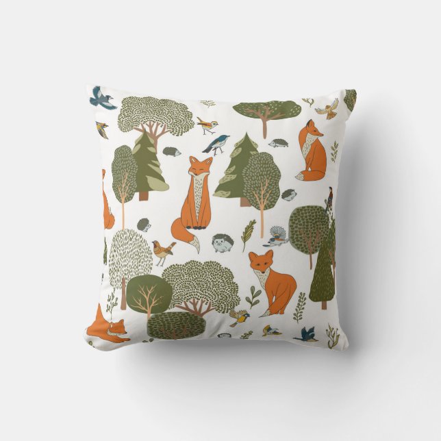 Forest animals: foxes, birds pattern throw pillow (Front)
