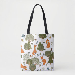 Forest animals: foxes, birds pattern tote bag