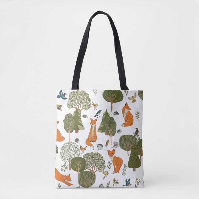 Forest animals: foxes, birds pattern tote bag (Front)
