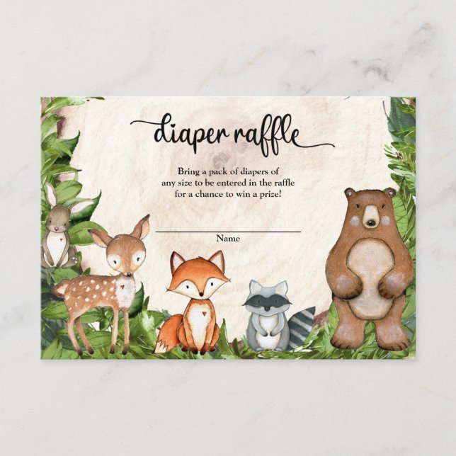 Forest animals greenery wooden slice diaper raffle enclosure card (Front)