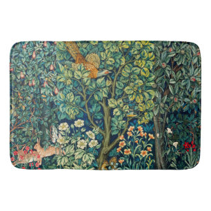 FOREST ANIMALS Hares,Pheasant Bird, Green Floral Bath Mat