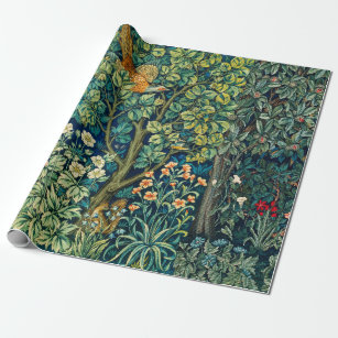 FOREST ANIMALS Hares,Pheasant Bird, Green Floral Wrapping Paper