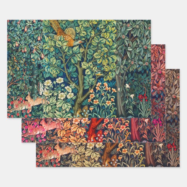 FOREST ANIMALS Hares,Pheasant Red Green Floral Wrapping Paper Sheet (Set)