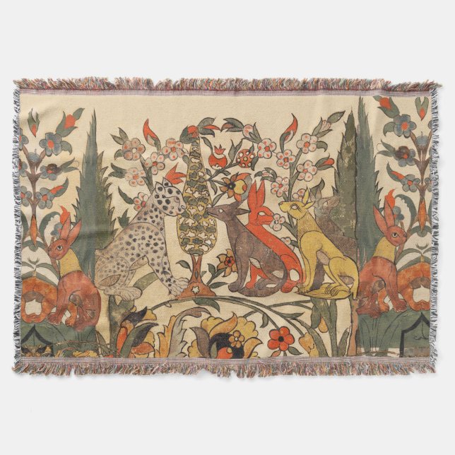 FOREST ANIMALS ,LEOPARD, JACKALS, RABBITS ,FLOWERS THROW BLANKET (Front)
