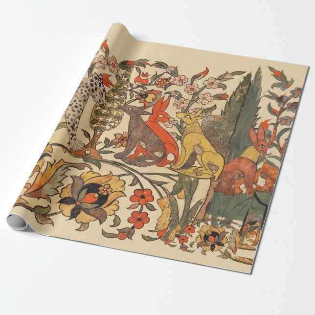 FOREST ANIMALS ,LEOPARD, JACKALS, RABBITS ,FLOWERS WRAPPING PAPER (Unrolled)