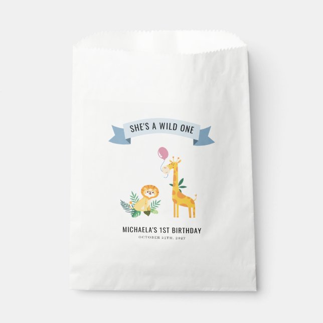 Forest Animals Lion Giraffe 1st Birthday Favour Bag (Front)