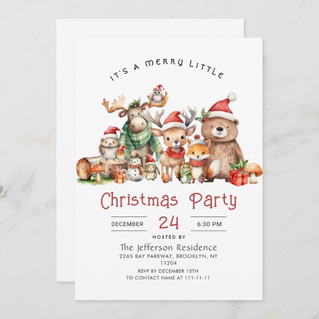 Forest Animals Merry Little Christmas Party Invitation (Front/Back)