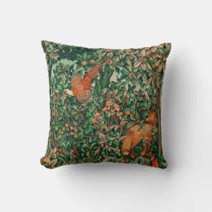 FOREST ANIMALS Pheasant and Red Fox,Green Floral Throw Pillow