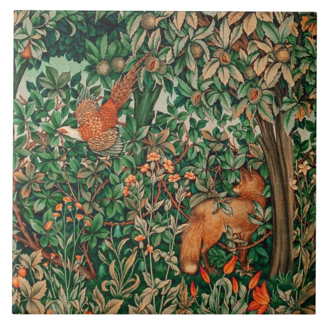 FOREST ANIMALS Pheasant and Red Fox,Green Floral Tile (Front)