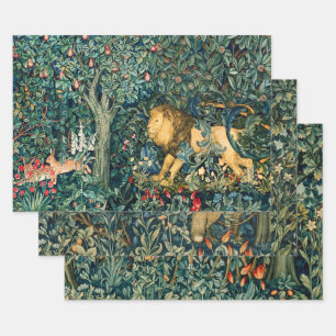 FOREST ANIMALS Pheasant,Fox,Lion,Hare,Green Floral Wrapping Paper Sheet